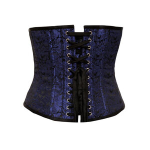 Corset Queen Ubai Blue Brocade Underbust Corset steel busk damask plus size 40